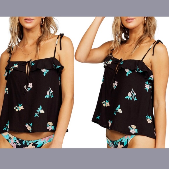NWT Billabong [ Small ] Going Out Floral Ruffle Camisole Top‎ in Black - Picture 1 of 12